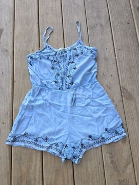 Blue Embroidered One-Piece Romper